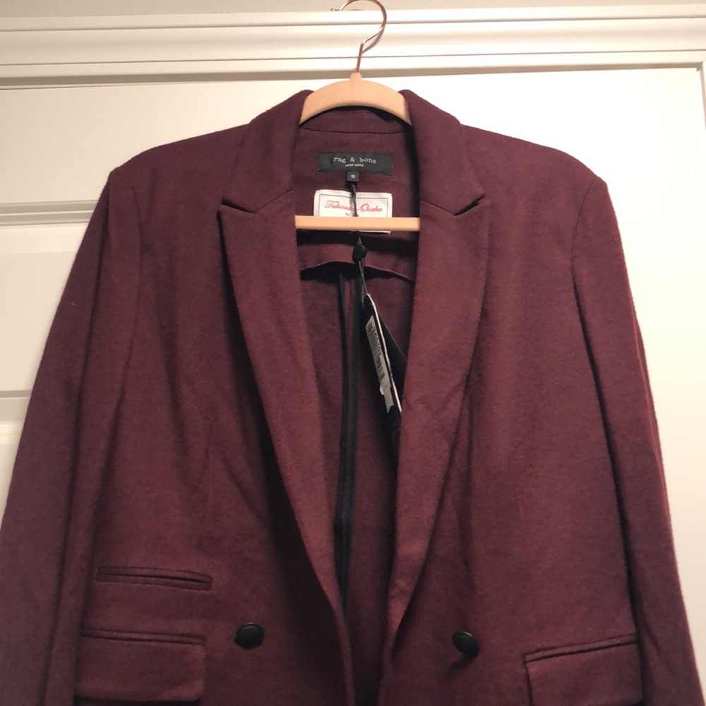 Rag & Bone Burgundy Wool Blazer Size 10 Tailored Double-Breasted Fall Essential - Picture 10 of 11